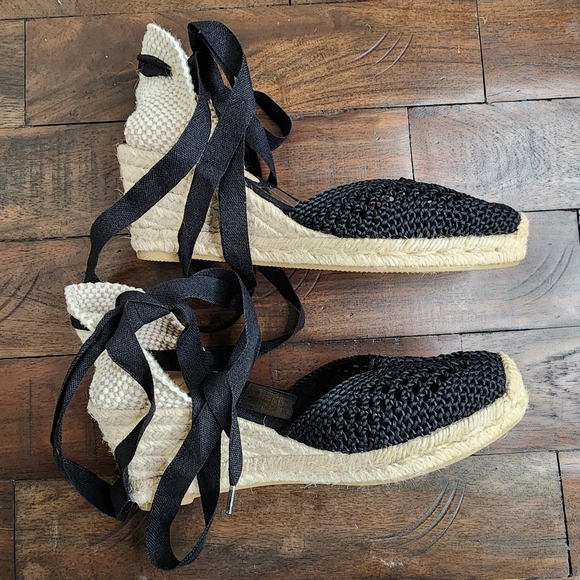 NWT J.Crew Black Crochet Lace-Up Espadrille Wedge Shoes Sz6.5 Euro Summer Casual - Picture 11 of 13